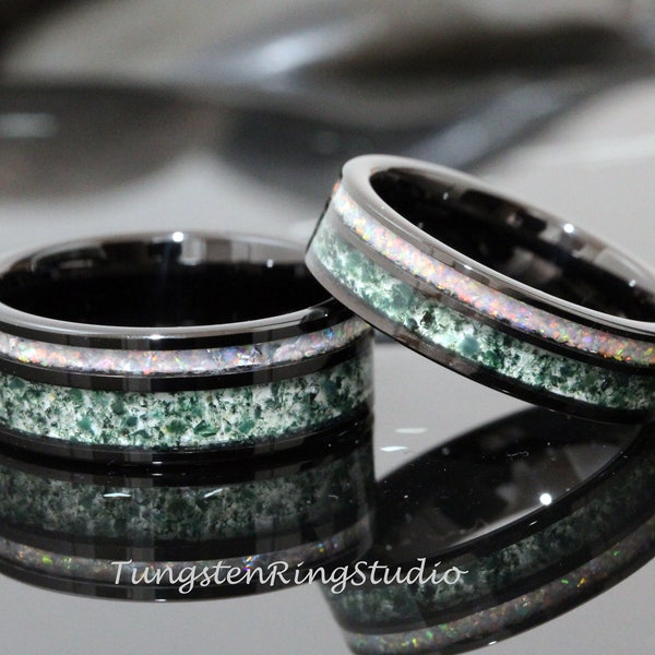 Polish Moss Agate Ring Set Fire White Opal Matching Set Couple Wedding His and Hers Ring 8mm 6mm Black Tungsten  Mens Men Women