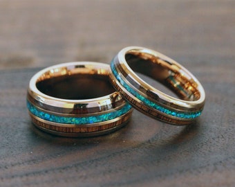 Combina su y el suyo triturado ópalo Koa madera oro rosa tungsteno anillo de boda conjunto de boda anillo de boda de oro rosa conjunto anillo de aniversario