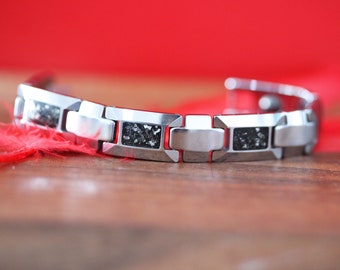 Mens Bracelet Tungsten Carbide Meteorite Bracelet Gift for him, Tungsten Link Bracelet Man Accessory Square Rectangle Bracelet Silver Gray