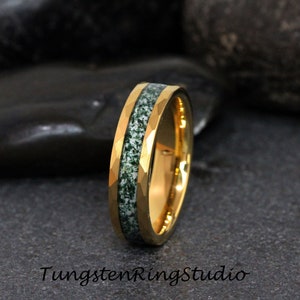 Hammer 6mm Moss Agate Gold Ring 8mm 4mm Tungsten Wedding Ring Men Wedding Band Moss Agate Ring Mens Ring Men & Women