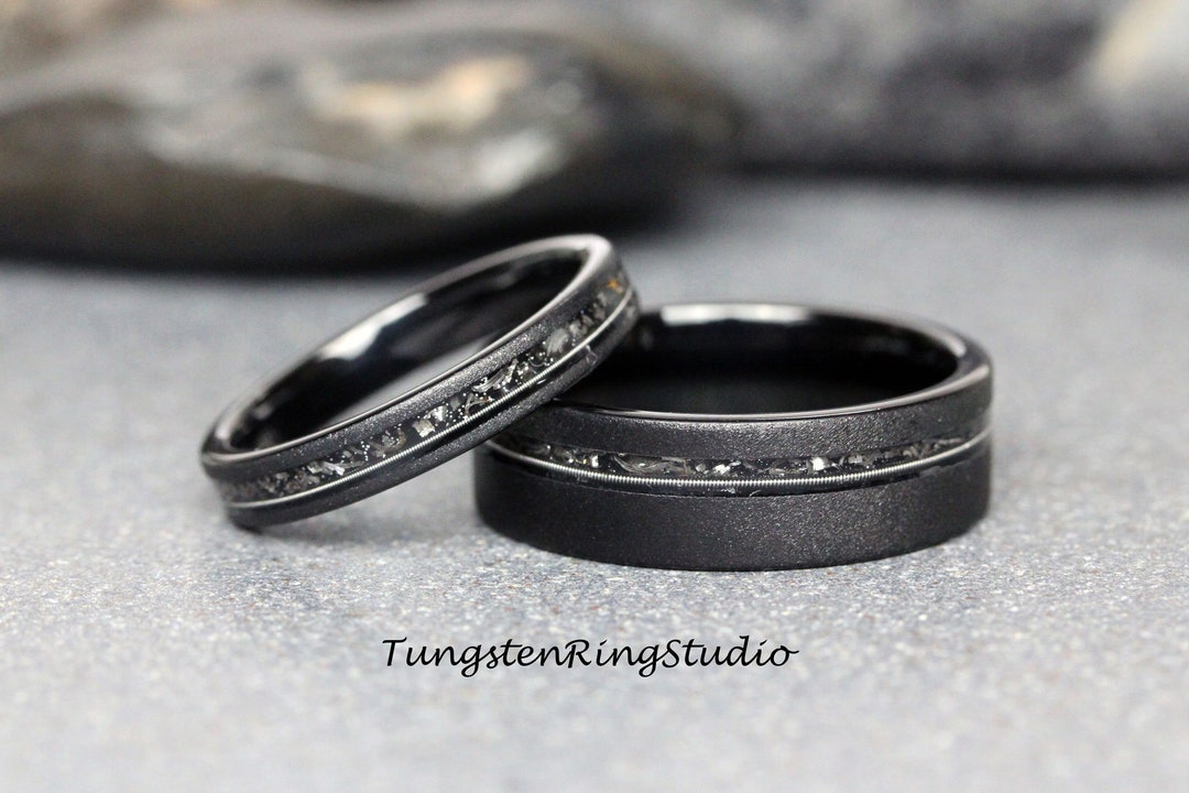 Match His and Hers Ring Meteorite Guitar String Sandblasted Black Tungsten  Wedding Ring Set Anniversary Ring Mans Mens Ring Men & Women 