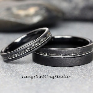 Match His and Hers Ring Meteorite Guitar String Sandblasted Black Tungsten Wedding Ring Set Anniversary Ring Mans Mens Ring Men & Women