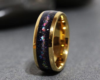 Yellow Gold Galaxy Nebula Wedding Ring, Blue Sandstone Nebula Inlay, Alternative Wedding Band
