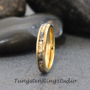 Polished Gold Leaf Meteorite Ring, Wedding Gold Foil Meteorite Ring 4mm 6mm 8mm Ring Meteorite Foil Leaf Ring Mens Wedding Rings Gold Accent