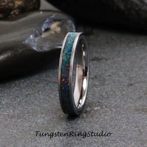 Space Blue Opal Tungsten Carbide Wedding Ring Silver-Gray Band Women Men Opal Ring Dainty Stackable Anniversary Ring Blue Band