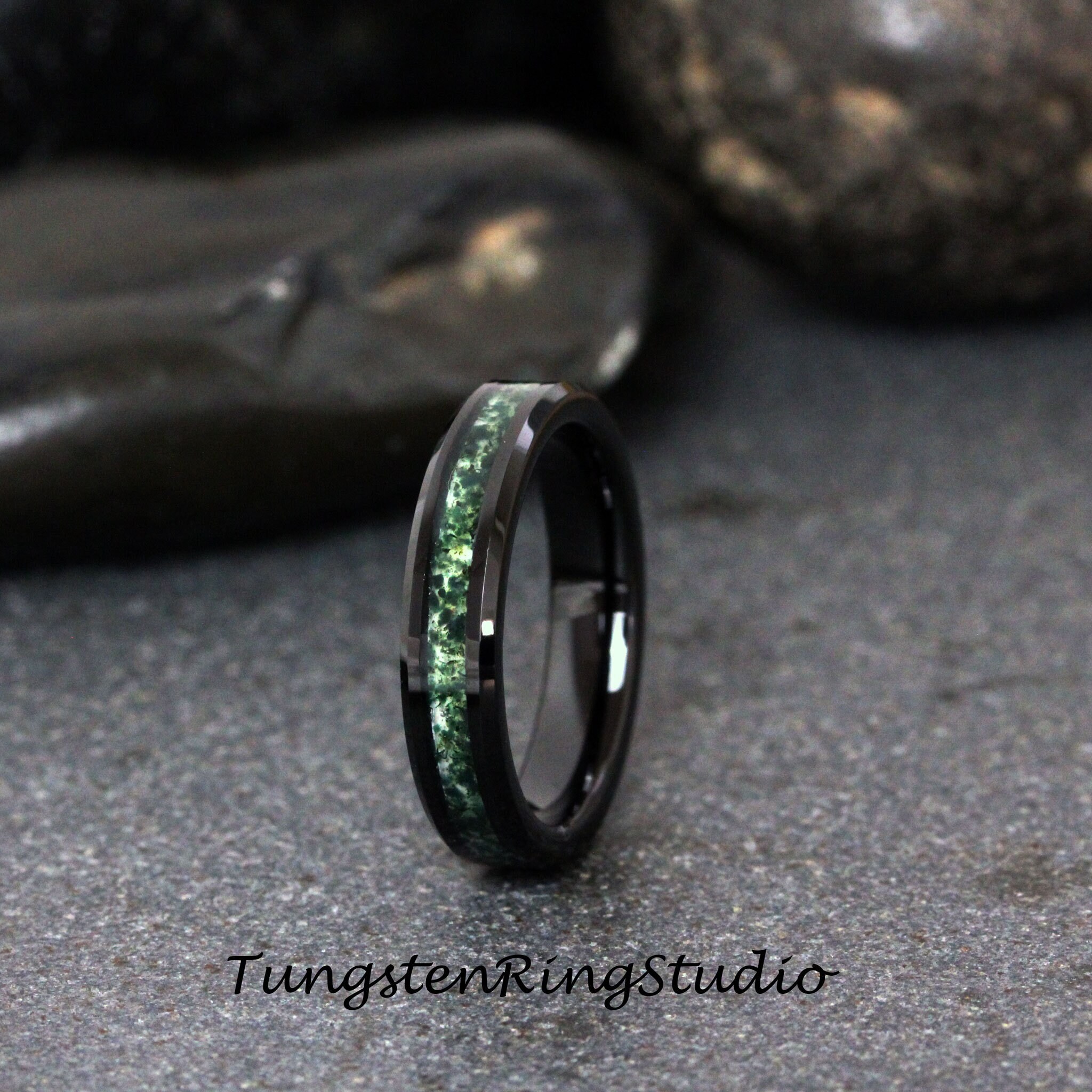 Moss Agate Ring Black Beveled Tungsten Ring Mens Ring Womens Wedding Ring Wedding Band Anniversary Ring Engagement Promise Ring 4mm 6mm 8mm