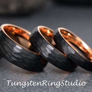 Hammer Black Rose Gold Tungsten Wedding Ring Rose Gold 4 6 8 MM Ring Womens Ring Tungsten Carbide Hammer Ring Anniversary Ring Mens Ring