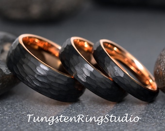 Anello di nozze in tungsteno nero e oro rosa con martello, anello in oro rosa da 4, 6 e 8 mm, anello da donna in carburo di tungsteno, anello da anniversario, anello da uomo