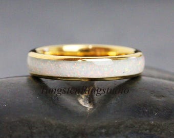 4 mm thin white opal gold tungsten ring, dainty stackable, yellow gold wedding band