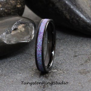 Sleepy Lavender Opal Tungsten Carbide Wedding Ring Black Band Women Opal Ring Dainty Stackable Anniversary Opal Ring