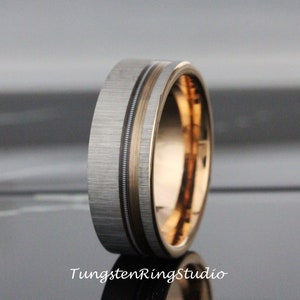 Brushed Tungsten Ring Guitar String Rose Gold Strip Accent Matt Wedding Rings Bands Mans Mens Ring Mens Wedding Music TungstenRingStudio