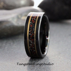 Flat Meteorite Red Dinosaur Bone Yellow Gold Strip Black Tungsten Wedding Rings Tyrannosaurus Rex T-Rex Bone Fossil Bands Anniversary Men