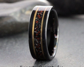 Flat Meteorite Red Dinosaur Bone Yellow Gold Strip Black Tungsten Wedding Rings Tyrannosaurus Rex T-Rex Bone Fossil Bands Anniversary Men