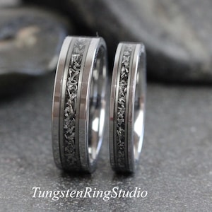 Passenden Meteorit Ring Set Weißgoldstreifen Wolfram Trauringe Gibeon Meteorit Bands 4 mm 6 mm Jubiläum Männer Frauen Ring