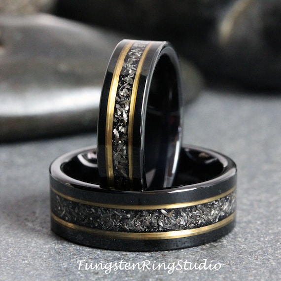 Meteorite Yellow Gold Strip Black Tungsten Wedding Ring Stripe