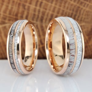 Match His and Hers Meteorite Deer Antler Rose Gold Tungsten Wedding Ring Wedding Set Rose Gold Wedding Ring Set Anniversary Tungsten Wedding