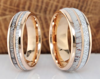 Match His and Hers Meteorite Deer Antler Rose Gold Tungsten Wedding Ring Wedding Set Rose Gold Wedding Ring Set Anniversary Tungsten Wedding