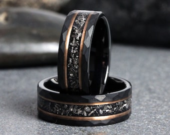 Meteorite Ring, Black Hammered Rose Gold Strip Tungsten Wedding Rings Stripe Gibeon Meteorite Bands Anniversary Mans Mens Ring Interstellar