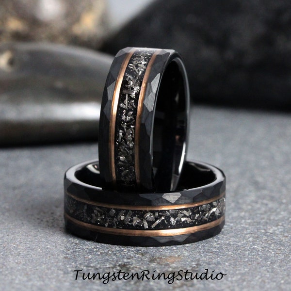 Meteorite Ring, Black Hammered Rose Gold Strip Tungsten Wedding Rings Stripe Gibeon Meteorite Bands Anniversary Mans Mens Ring Interstellar