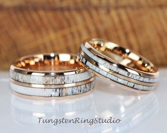 Match Deer Antler Rose Gold Tungsten Wedding Set Ring His and Hers