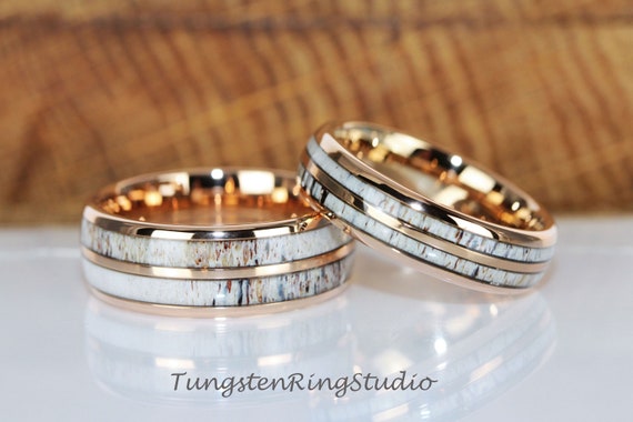 Match His and Hers Rose Gold Tungsten Rings With Meteorite And Wood Inlay