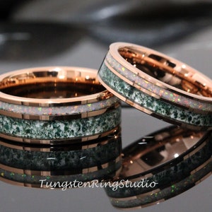 Moosachat-Ring-Set, feuerweißer Opal, passender Ring für Sie und Ihn, 8 mm, 6 mm, Roségold, Wolfram-Herrenring für Männer und Frauen