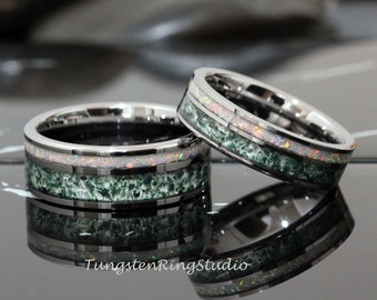 Couple Moss Agate Ring Set Fire White Opal Matching Wedding His and Hers Ring 8mm 6mm Silver Gray Tungsten  Mens Ring Men Women