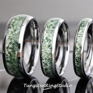 Moss Agate Silver Gray Ring Polish Tungsten Wedding Ring 8mm 6mm 4 mm Moss Agate Ring Mens Ring Men & Women