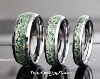 Anel de Ágata Musgosa Cinza Prateado Polido em Tungstênio, Aliança de Casamento 8 mm 6 mm 4 mm, Anel de Ágata Musgosa Masculino e Feminino