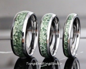 4mm Moss Agate Silver Gray Ring Polish Tungsten Wedding Ring  8mm 6mm Moss Agate Gold Rose Black Ring Mens Ring Men & Women