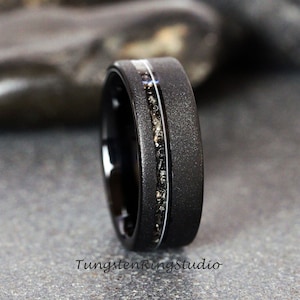 Meteorite Ring with Guitar String Sandblasted Black Tungsten Wedding Ring Interstellar Tungsten Anniversary Ring Mans Mens Ring Men & Women