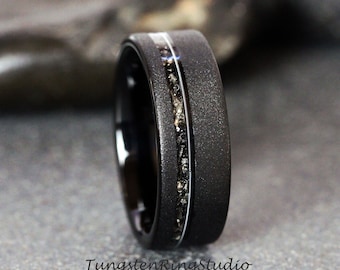 Meteorite Ring with Guitar String Sandblasted Black Tungsten Wedding Ring Interstellar Tungsten Anniversary Ring Mans Mens Ring Men & Women