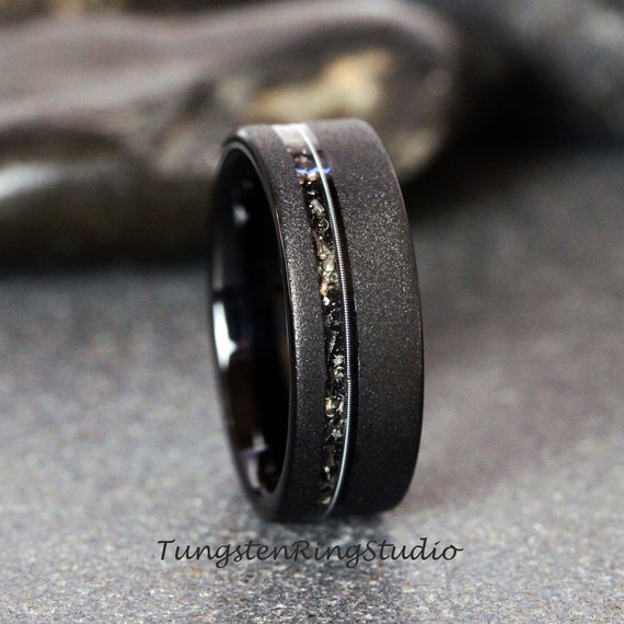 Meteorite Ring with Guitar String Sandblasted Black Tungsten Wedding Ring  Interstellar Tungsten Anniversary Ring Mans Mens Ring Men Women