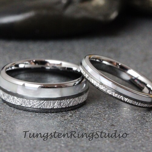 Anillo de bodas de tungsteno gris plateado meteorito para él y para ella con nácar, conjunto de joyería hawaiana, aniversario de boda de tungsteno