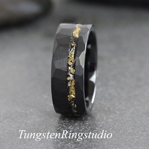 Hammered Gold Leaf Meteorite Ring Black Tungsten Ring Gold Foil Leaf Ring, Mens Wedding Rings Gold Accent