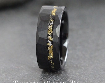 Hammered Gold Leaf Meteorite Ring Black Tungsten Ring Gold Foil Leaf Ring, Mens Wedding Rings Gold Accent
