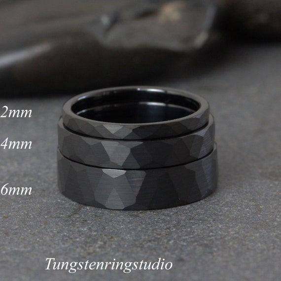 Hammer Tungsten Black Wedding 2 mm 4 mm 6 mm Ring Band Hammer Black Ring Anniversary Rings Man Ring Women Ring