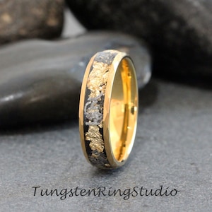 Hammer Gold Leaf Meteorite Ring, Wedding Gold Foil Meteorite Ring 4mm 6mm 8mm Ring Meteorite Foil Leaf Ring Mens Wedding Rings Gold Accent
