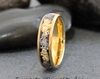 Hammer Gold Leaf Meteorite Ring, Wedding Gold Foil Meteorite Ring 4mm 6mm 8mm Ring Meteorite Foil Leaf Ring Mens Wedding Rings Gold Accent
