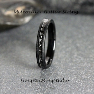 4mm Meteorite Guitar String Sandblasted Black Tungsten Wedding Ring Interstellar Ring Carbide Anniversary Ring Mans Mens Ring Men & Women