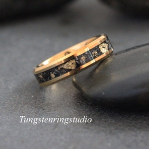 Gold Leaf Meteorite Beveled Tungsten Ring, Wedding Gold Foil Meteorite Ring 4mm 6mm 8mm Ring Men Wedding Rings Gold Accent