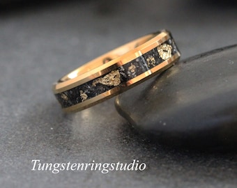 Blattgold Meteorit Abgeschrägter Wolframring, Hochzeit Goldfolie Meteorit Ring 4 mm 6 mm 8 mm Ring Männer Trauringe Goldakzent
