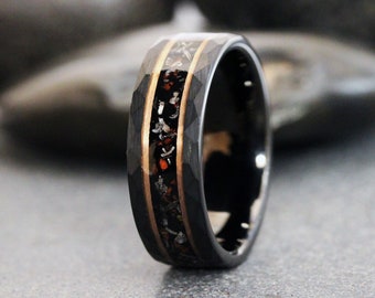 Hammer Meteorite Dinosaur Bone Gold Strip Black Tungsten Wedding Rings Tyrannosaurus Rex T-Rex Bone Fossil Bands Anniversary Mans Mens Ring