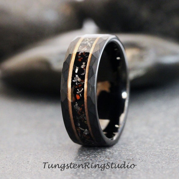 Hammer Meteorite Dinosaur Bone Gold Strip Black Tungsten Wedding Rings Tyrannosaurus Rex T-Rex Bone Fossil Bands Anniversary Mans Mens Ring