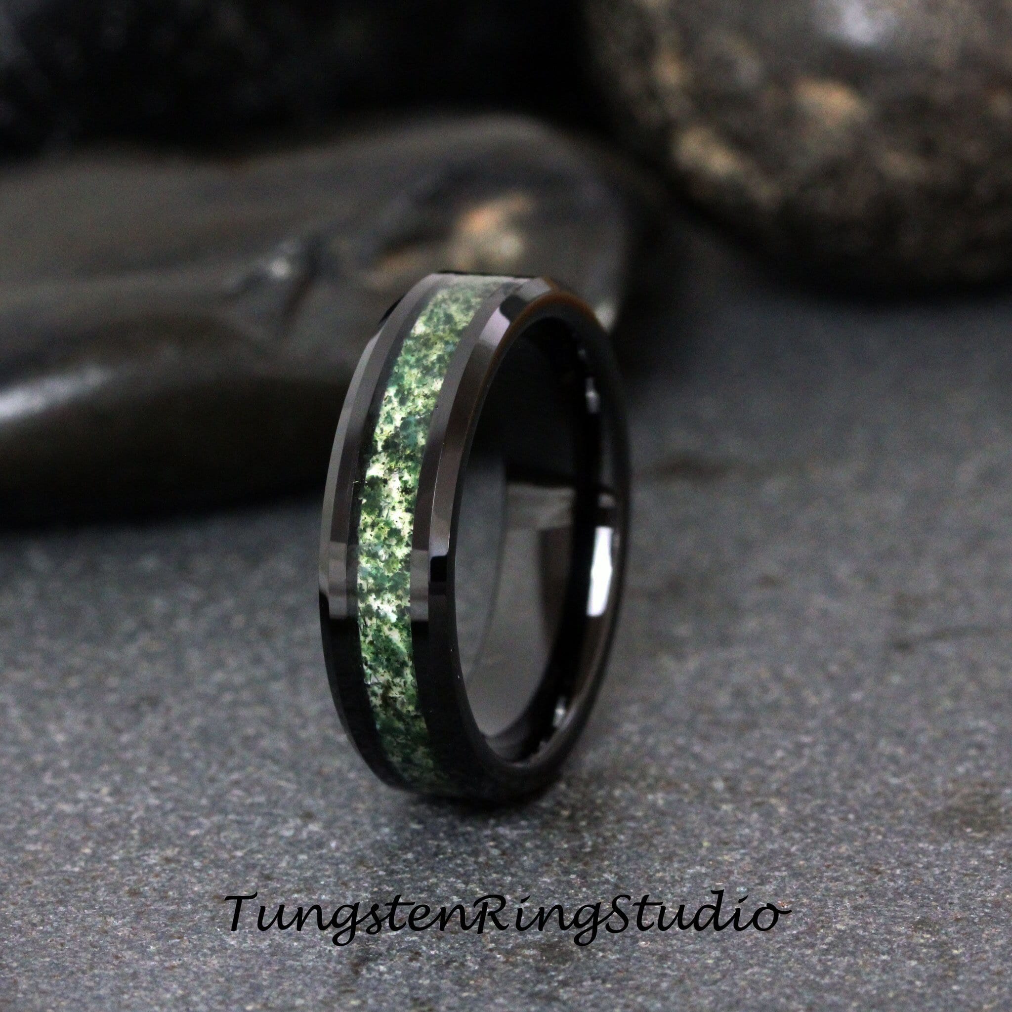 Moss Agate Ring Black Beveled Tungsten Ring Mens Ring Womens