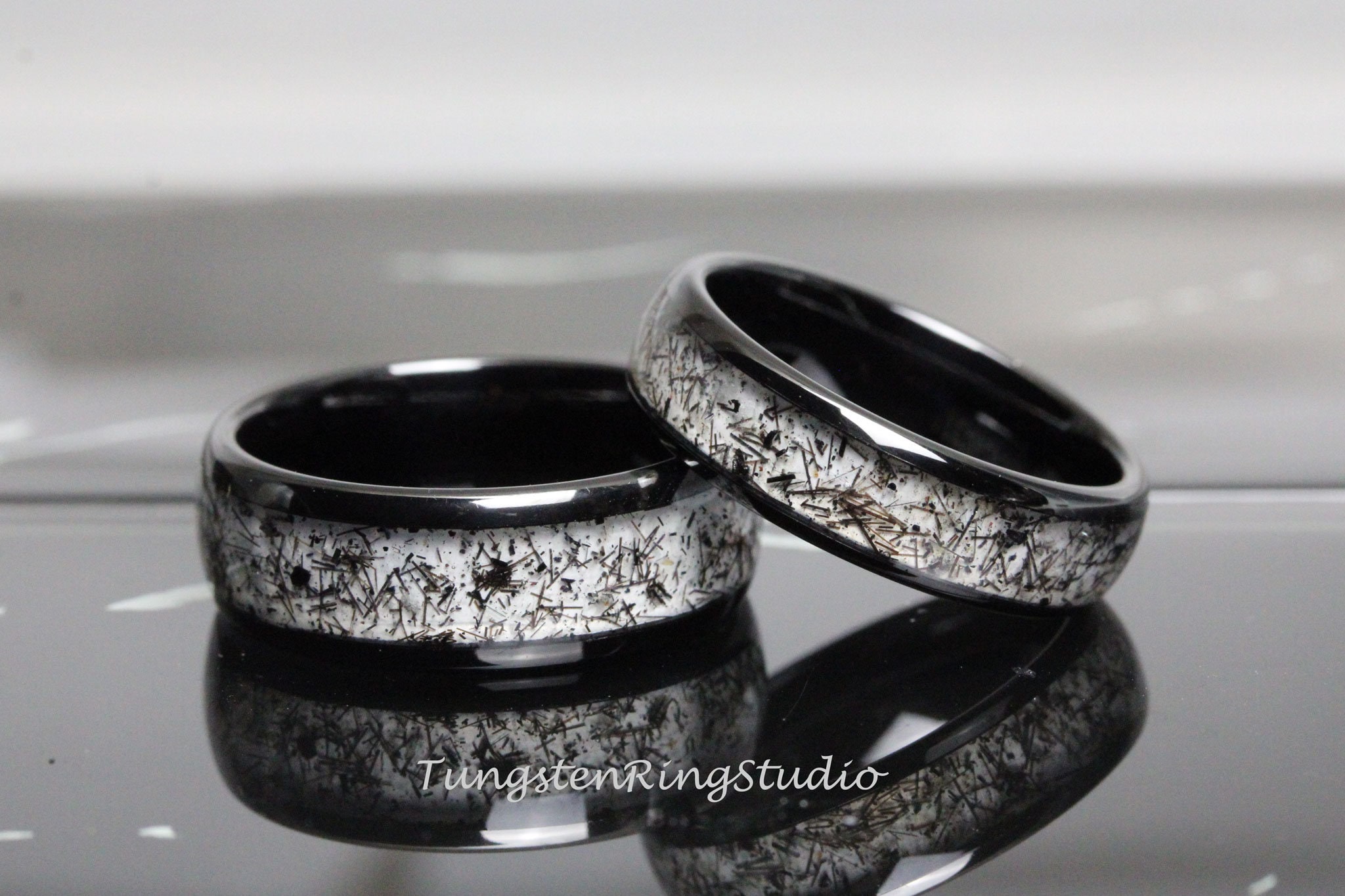 Black Rutilated Quartz Ring Set Matching His and Her Wedding Ring 4mm 6mm 8mm Rutilated Wedding Mens Ring Men & Women Polished Dome Stones