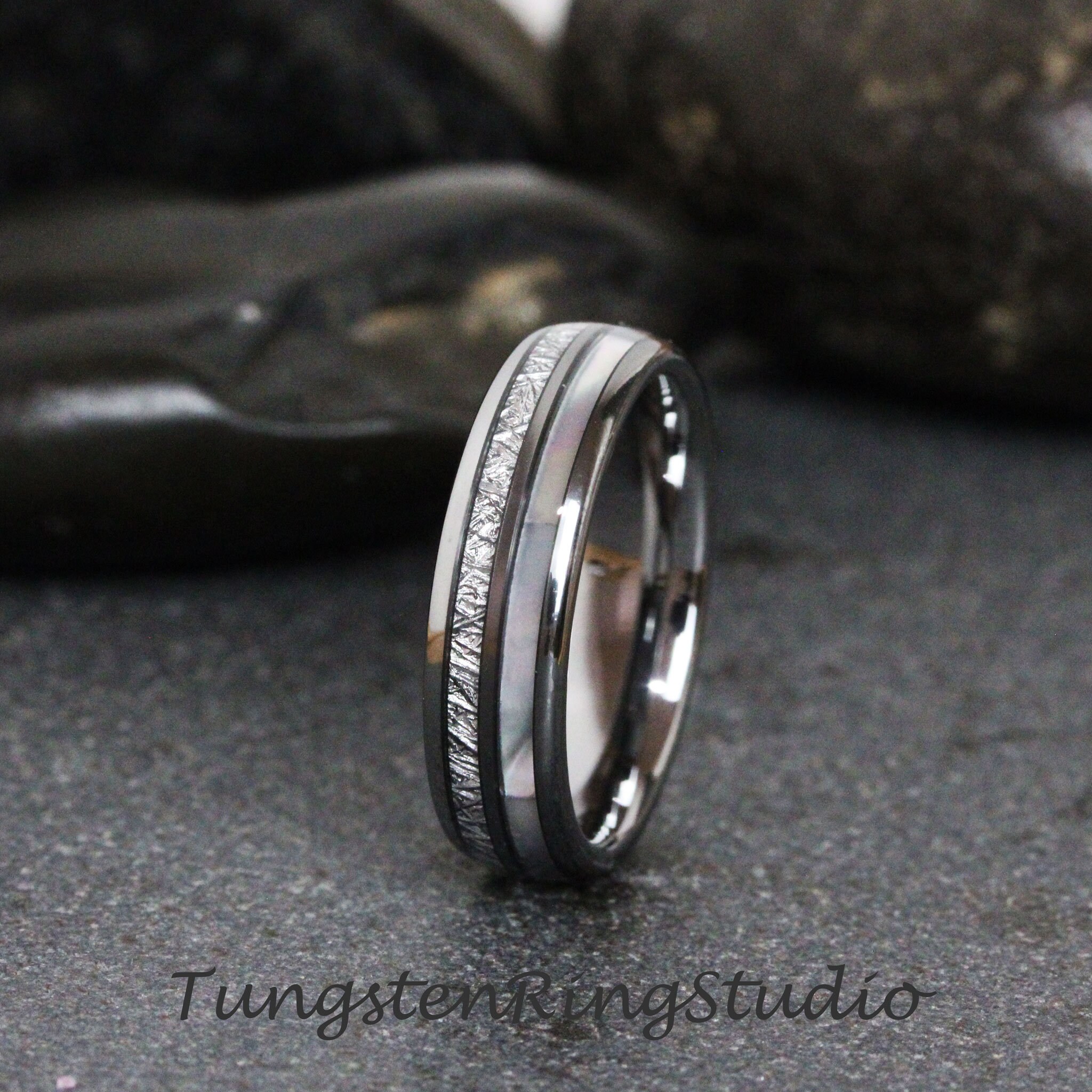 Polished Mother of Pearl Meteorite Tungsten Wedding Rings Bands