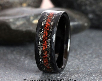 Mens Hammer Ring Meteorite Wedding Rings Dinosaur Bone Black Tungsten Red Tyrannosaurus Rex T-Rex Bone Fossil Bands Anniversary Mans Ring