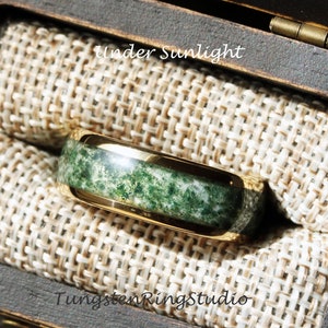 Yellow Gold 4mm Moss Agate Ring Polish Tungsten Wedding Ring  8mm 6mm Moss Agate Rose Black Silver Ring Mens Ring Men & Women