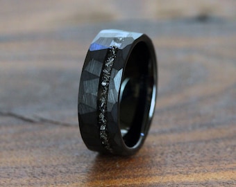 Meteorite Hammer Black Tungsten Wedding Ring Meteorite Interstellar Ring Tungsten Carbide Anniversary Ring Mans Mens Ring Men & Women
